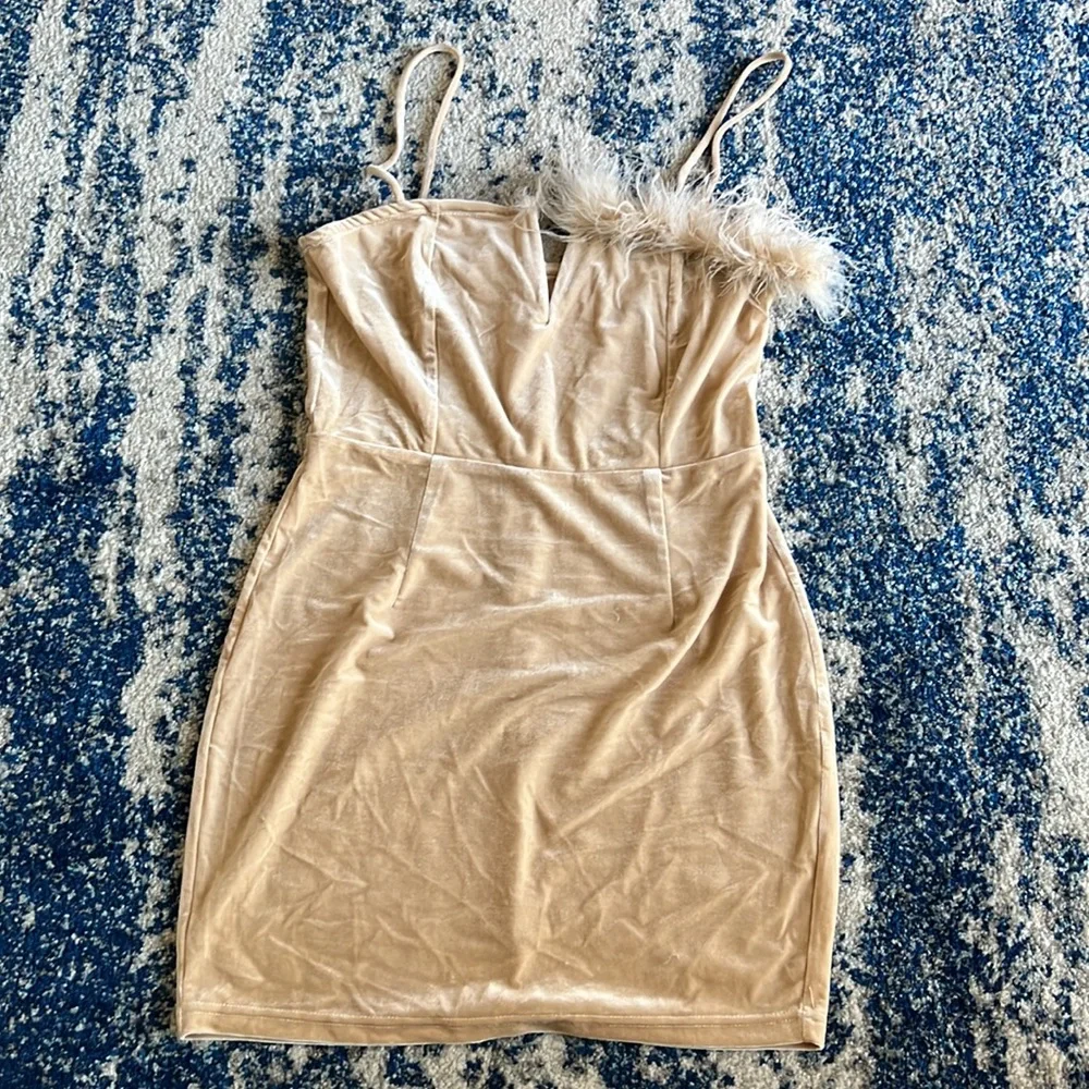 superdown Erika Feather Trim Mini Dress in Champagne M - Picture 4 of 9
